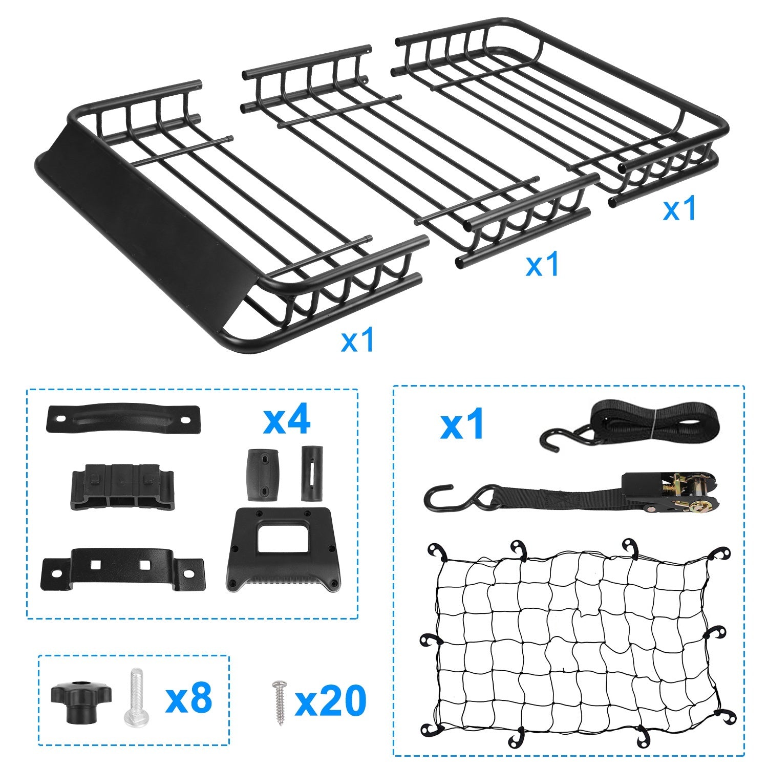 Universal Car Roof Rack Cargo Basket with Hook Strap & Elastic Net