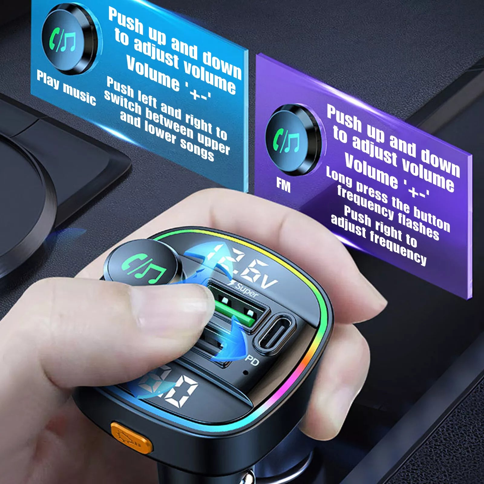 Bluetooth 5.0 Car FM Transmitter Adapter – Dual USB PD Fast Charger