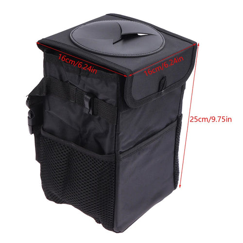 Hanging Car Trash Bag with Lid & Storage Pockets