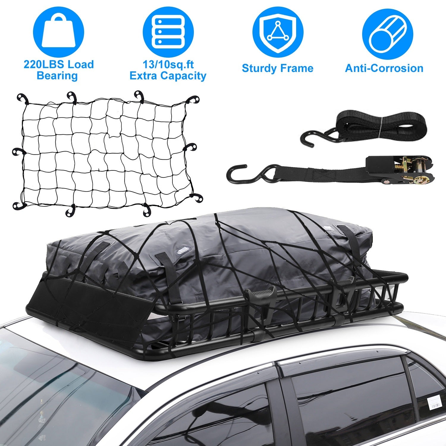 Universal Car Roof Rack Cargo Basket with Hook Strap & Elastic Net