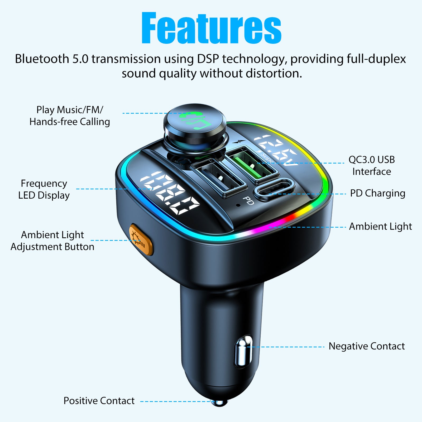 Bluetooth 5.0 Car FM Transmitter Adapter – Dual USB PD Fast Charger