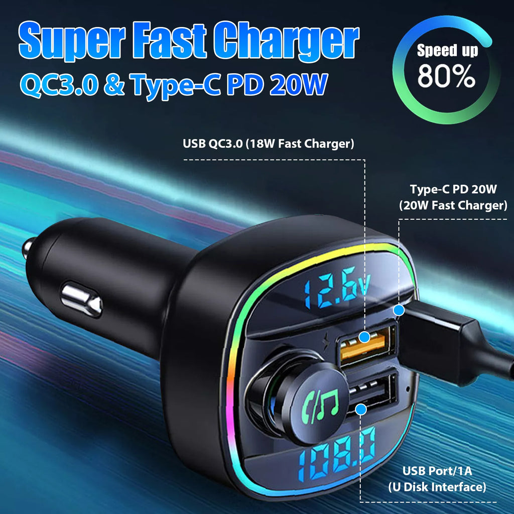 Bluetooth 5.0 Car FM Transmitter Adapter – Dual USB PD Fast Charger