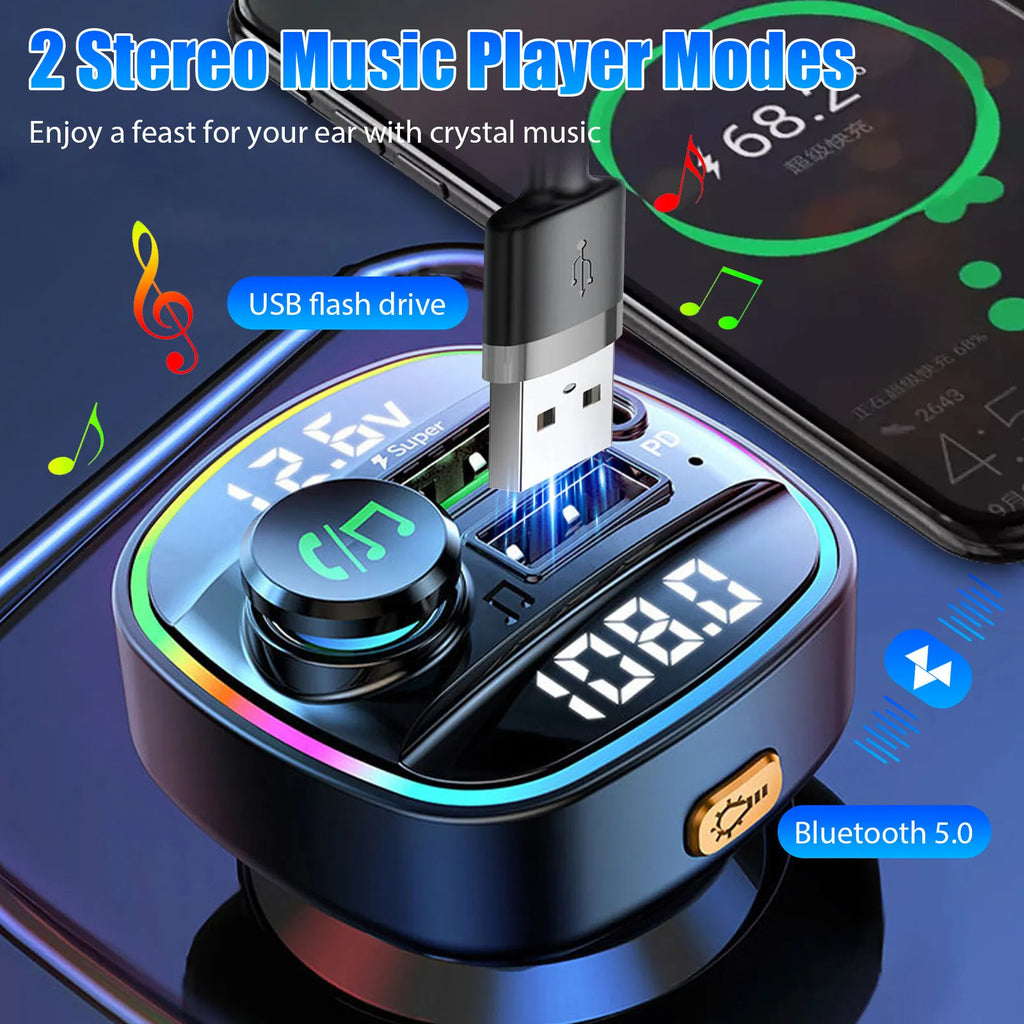 Bluetooth 5.0 Car FM Transmitter Adapter – Dual USB PD Fast Charger
