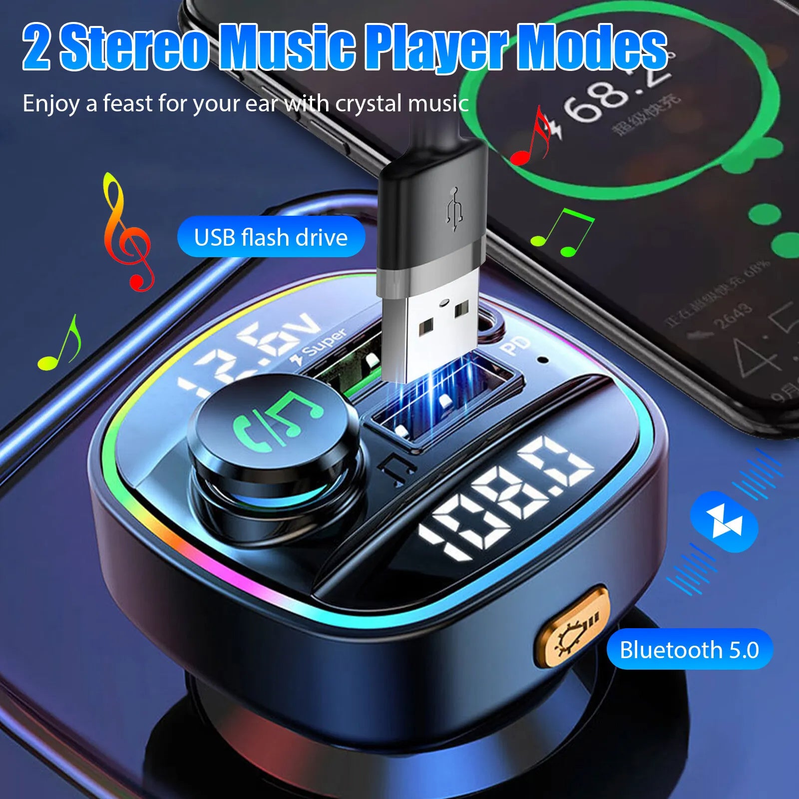 Bluetooth 5.0 Car FM Transmitter Adapter – Dual USB PD Fast Charger