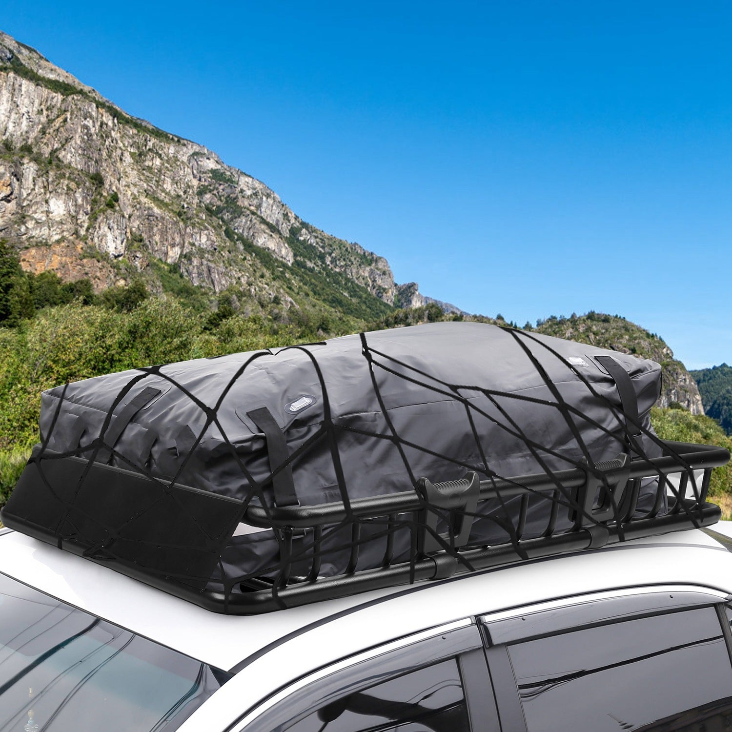 Universal Car Roof Rack Cargo Basket with Hook Strap & Elastic Net