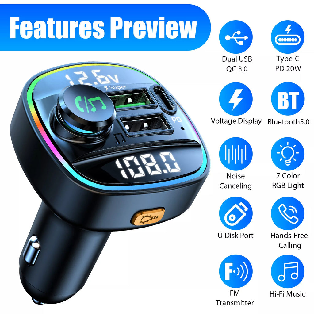 Bluetooth 5.0 Car FM Transmitter Adapter – Dual USB PD Fast Charger