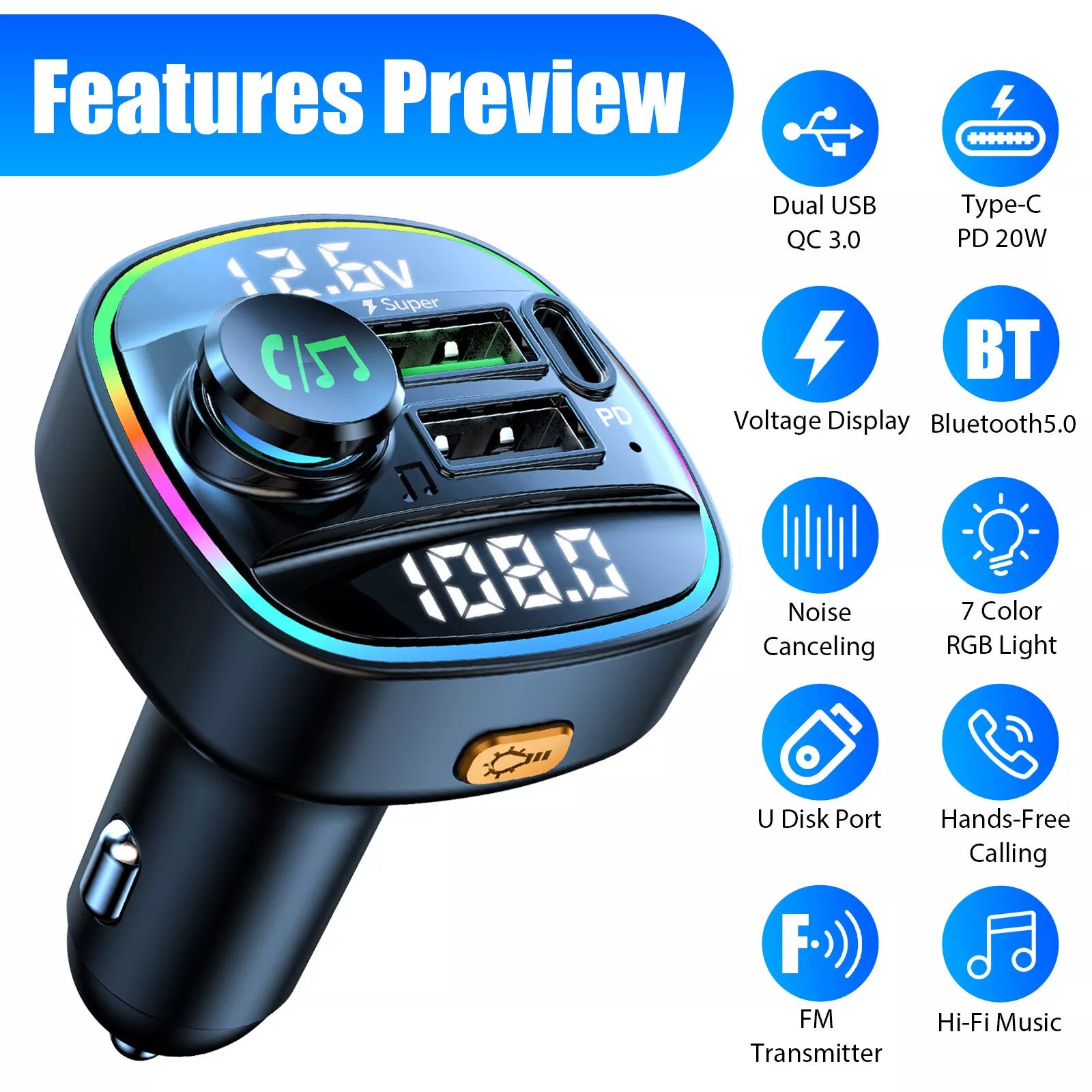 Bluetooth 5.0 Car FM Transmitter Adapter – Dual USB PD Fast Charger
