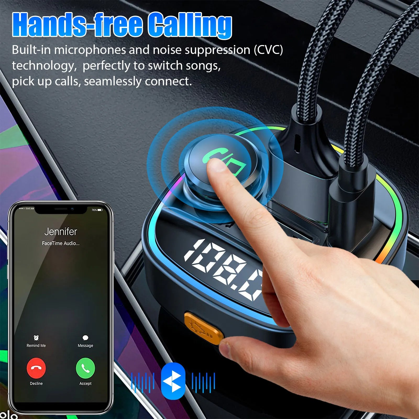 Bluetooth 5.0 Car FM Transmitter Adapter – Dual USB PD Fast Charger