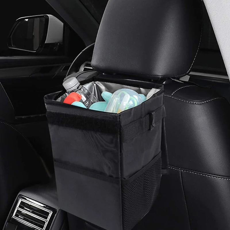 Hanging Car Trash Bag with Lid & Storage Pockets