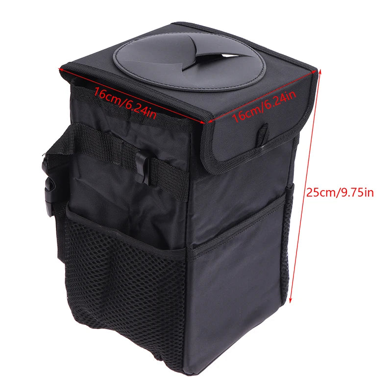 Hanging Car Trash Bag with Lid & Storage Pockets
