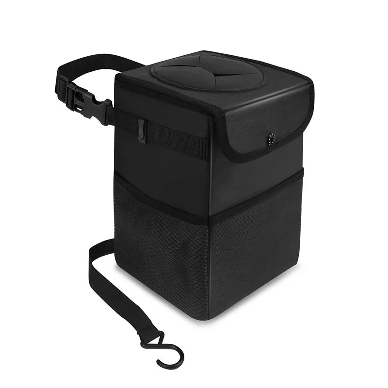Hanging Car Trash Bag with Lid & Storage Pockets