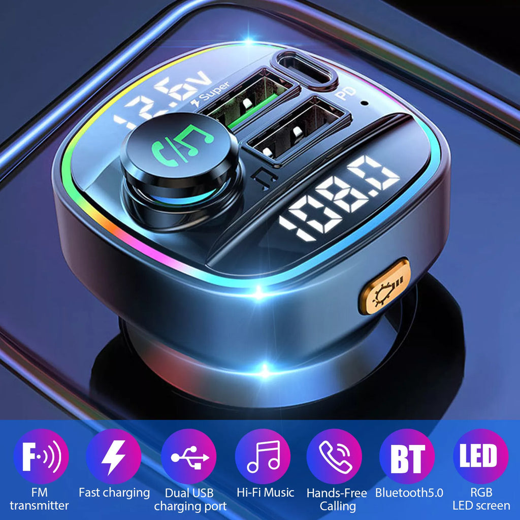 Bluetooth 5.0 Car FM Transmitter Adapter – Dual USB PD Fast Charger